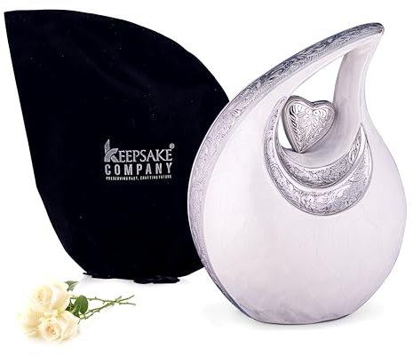 KEEPSAKE COMPANY Große weiße Tropfenurne mit silbernem Herz für menschliche Asche – Urnen für Erwachsene Männer, Männer und Frauen – Herzurne, 2,5 l, weiß mit silbernem Herz