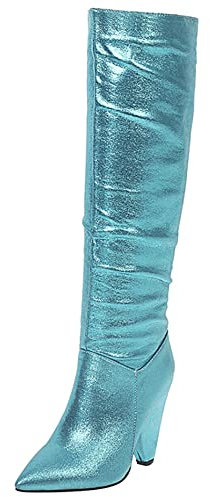 Lroey Reoly Botas Mujer Tacón Embudo Hasta La Rodillas, Botas de Fiesta Tacón Alto Puntiagudo Boots Sin Cordones 106 Azul Talla 40 EU
