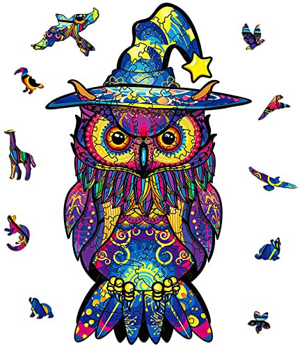 OSDUE Holzpuzzle für Erwachsene und Kinder, Halloween-Adler Puzzle Holz 100 Teile Bunt Einzigartige Tierform, Magische Holzpuzzle für Erwachsene und Kinder Familienspielsammlung 16 * 26.5cm