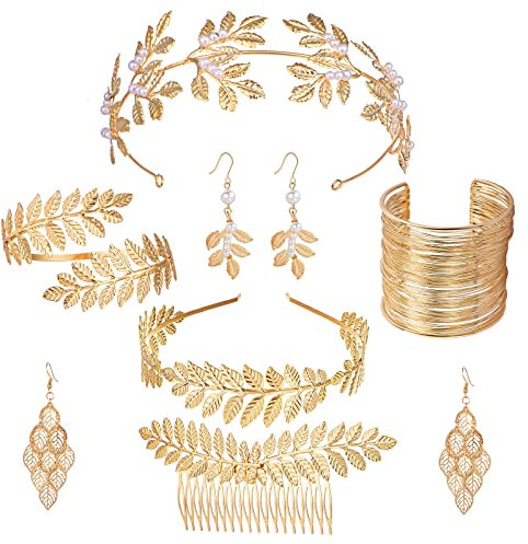 Comius Sharp 7 Stück Griechische Göttin Modeschmuck Set für Frauen, Römische Lorbeerblätter Krone Tiara Haarkamm Manschette Oberarm Armbänder Swirl Ohrringe Gold Hochzeit Braut Toga Party