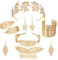 Comius Sharp 7 Stück Griechische Göttin Modeschmuck Set für Frauen, Römische Lorbeerblätter Krone Tiara Haarkamm Manschette Oberarm Armbänder Swirl Ohrringe Gold Hochzeit Braut Toga Party