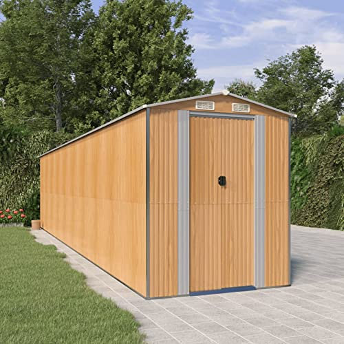 Yolola Gartenhaus Metall Geräteschuppen gerätehaus Metall Geräteschrank Fahrradgarage Gartenhäuser Gartenschrank Gartenschuppen Verzinkter Stahl Hellbraun 192x855x223 cm