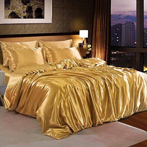 6PCS Satin DuvetCover Bedding Set Plain Luxury Soft Bed Set Include (1xDuvet Cover, 1xFitted Sheet, 4xHousewife Pillow Case) (Super King, Gold)-(Same Day Dispatch)