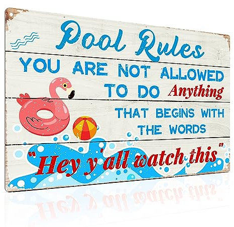 ALKB Schild mit Aufschrift Pool Rules mit Flamingo-Design, rostfreies Aluminiumschild, personalisiertes Schwimmbad-Regeln, 30,5 x 20,3 cm, Warnschild, Wasserpark-Metallschild, lustige Kunst,