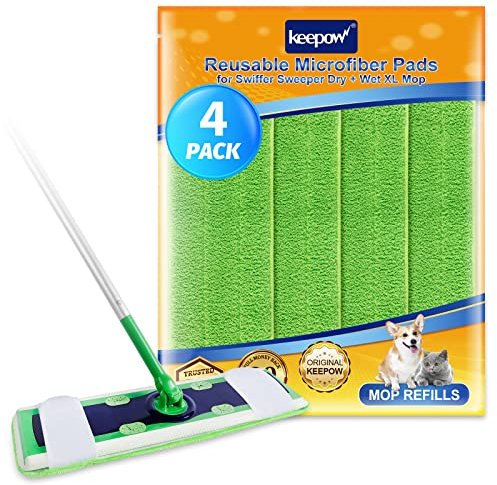 KEEPOW 4 Stück Trockene Bodentücher für Swiffer XL und Alle Mopps 44*13 cm, Wiederverwendbare Waschbare Mikrofaser Mop Pad Nachfüllpack, Nasswischtücher für Oberflächen und Holzbodenreinigung, 17*5 in