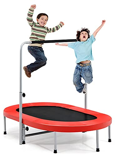 COSTWAY 2 Personen Trampolin, Mini Trampolin mit höhenverstellbarm Haltegriff, bis 150kg belastbar, Kindertrampolin klappbar, Gartentrampolin für Kinder, Erwachsene