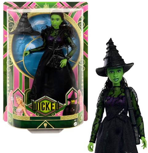 ​Mattel Wicked Elphaba-Modepuppe und Accessoires mit grüner Haut, geflochtenen schwarzen Haaren, verschiedene Posen möglich und ausziehbarer Ballkleid-Look, HXT62, [Mehrfarbig]