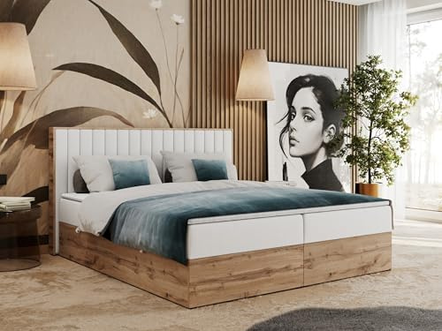 MKS MEBLE Boxspringbett 200x200 mit Bettkasten Holz Holzrahmen, Boxbett 200x200 mit Matratze H3 und Kopfteil - Weiß Kunstleder - Albero-4