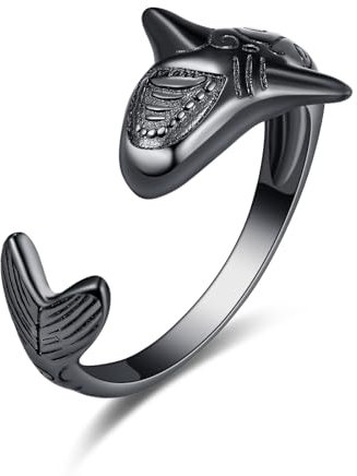 Schwarz Hai Ringe für Damen und Herren Sterling Silber verstellbar Meerestier Fisch riesige Haie offener Stapelring Mittelfingerring Geschenke für beste Freunde