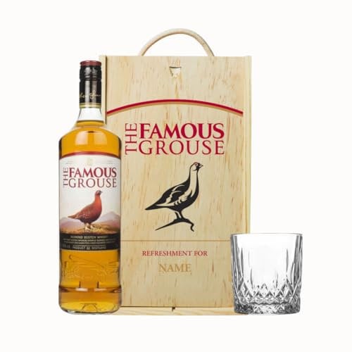 Personalised Famous Grouse Blended Scotch Whisky Gift Set – 70cl Bottle with Glass in Wooden Box (40% ABV) – Custom Whisky Gift for Men – Birthday, Retirement, or Special Occasion