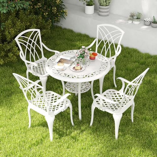 GOPLUS 5 Pcs Salon de Jardin,Meubles de Terrasse Bistro en Fonte d'aluminium,1 Table Service Ronde avec Trou de Parasol de 5 cm & 4 Chaises Jardin Style Vintage