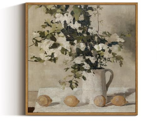 VIYYIEA Quadratische, gerahmte Vintage-Wandkunst, Blumen und Zitronen, Vintage-Kunstdekoration, ästhetisch, 40,6 x 40,6 cm, Leinwanddruck, Kunstwerk, Bauernhaus-Stillleben, Wanddekoration für