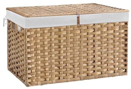 180L Wicker Storage Basket with Lid, Handwoven Rattan Large Shelf Basket with Removable Liner, 47.6 Gallon Wicker Basket for Blanket, Storage Trunk with Handle for Closet, Bedroom, Livingroom, Natural