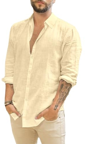 Runcati Camisa de Lino de Manga Larga para Hombre, Cuello Vuelto, Camisa de Negocios, Tiempo Libre, Verano, Caqui, M