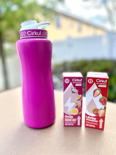 Cirkul Edelstahl-Wasserflaschen-Starter-Set mit rosa Deckel und 2 Geschmackskartuschen (Erdbeere und Passionsfrucht, Drachenfrucht)
