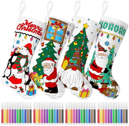 taonganui 4 Stück Nikolausstrumpf Kinder Neu Weihnachtsstrumpf,DIY Handgemalte Handwerk Weihnachtsdekoration,Großer Christmas Stockings für Befüllen & Aufhängen,mit 48 Stück Aquarellstift