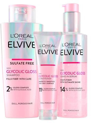 L'Oréal Paris, Elvive Glycolic Gloss, Pflegespülung + Shampoo + Serum ohne Ausspülen, Set für stumpfes und poröses Haar, Elvital Glykolglanz, intensiver und langanhaltender Glanz, 3 Flaschen