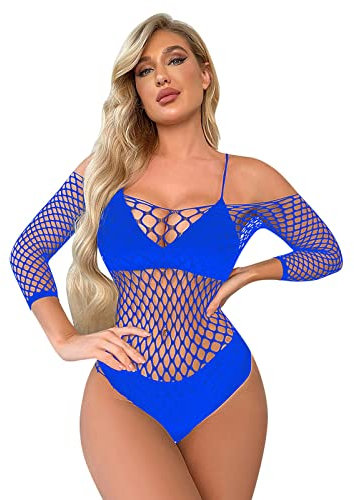 Générique Robe Transparente Nuisette Femme Enceinte Femmes Lingerie Manches Longues Résille Body Sexy Mesh Teddy sous-Vêtements Robe Transparente Nuisette Femme Enceinte (Blue, One Size)