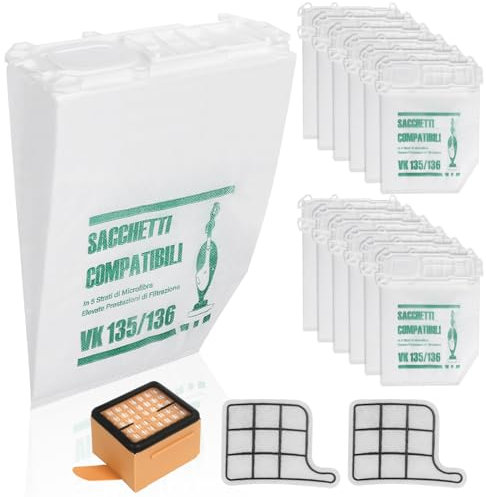 12 Sacchetti per Folletto VK135 VK136 con Filtri Griglia Motore + 2 Filtri HEPA Kit di Ricambi Sostituzione per Vorwerk