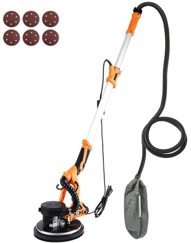 Levigatrice per cartongesso, levigatrice elettrica da 750 W con Luce LED, 6 velocità variabili, con Asta telescopica e 6 Carte Abrasive, levigatrice elettrica per cartongesso per levigare