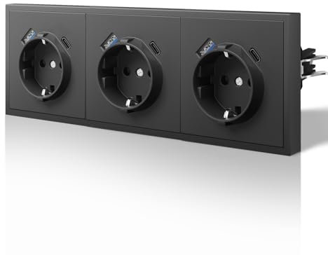 BSEED Enchufe Pared con 20W USB y Tipo C,Mate Enchufes Schuko con Garfio,Seguridad infantil para Enchufes,Fácil Instalación,C-Series,16A 250V,3 Enchufes,220mm Gris