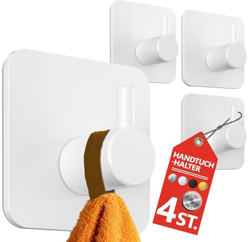 4smile Handtuchhalter ohne Bohren, 4 Stück in Weiß - Wasserfeste Badezimmer Handtuchhalter, Edelstahl Haken, Klebehaken für Bad, Küche - Extra-starke Haken selbstklebend, Handtuchhaken