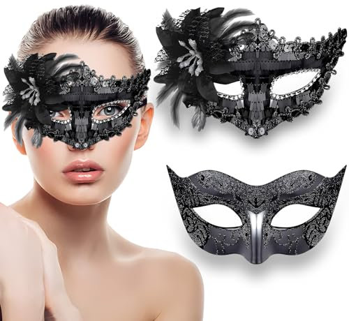2 Stück Venezianische Maske Damen Herren, Venezianischen Maskenball Masken Gesicht Frauen Männer, Schwarz Sexy Mask Venedig Kostüm Augenmaske für Karneval Fasching Halloween Maskerade Cosplay Party
