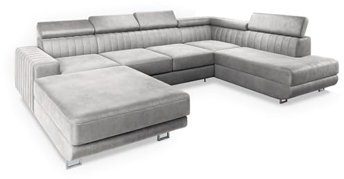 Masseno Ecksofa Siena R-S mit Schlaffunktion U-Form, Sofa mit Bettkasten, Wohnzimmersofa, Couch, Soffa, Bettsofa, Couchgarnitur- Hellgrau, Monolith 84