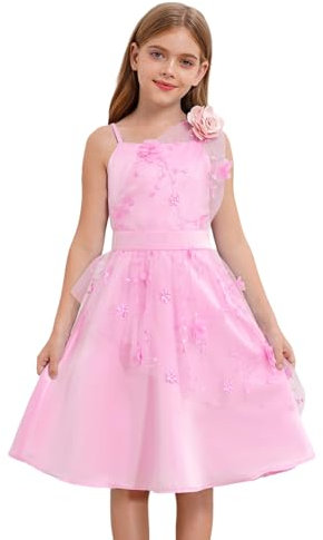 iEFiEL Abito da Cerimonia Bambina Ricamo con Fiori Vestito Elegante da Princepessa Senza Manica Abito da Sera Festa di Compleanno Matrimonio Damigella d'Onore Rosa 9-10 Anni