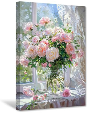 CXHOSTENT Rosen-Leinwandbild Vintage-Blumenbilder rosa Blumengemälde Druck Retro-Botanische Drucke rustikales Landhaus-Schlafzimmer-Bürodekor gerahmt (45L x 30B cm)