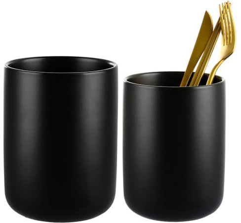 LDHHYH 2Pcs Ceramic Utensil Holder Set, Medium (10.1x13.4cm) and Large (12x16cm) Matte Black Utensil Holders, Countertop Storage Canisters for Cooking Tools, Cutlery and Kitchen Essentials