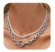 RIXERKOC 2 Pcs Collier en Or superposé Chunky pour femmes, Collier en Paperclip à chevrons épais, Colliers en plaqué or 18K avec fermoir à bascule pour femmes hommes (Argent)