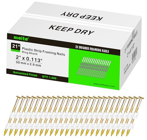 meite 21 Degree Framing Nails 2 Inch Ring Shank Galvanized Plastic Collated Nails, Full Round Head Structural Nails for Framing Nailer Gun on Truss Assembly and Subfloors 1,000PCS