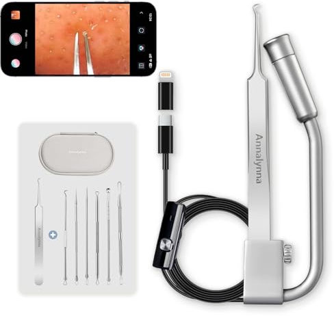 Pince à épiler Luma 1 Visual avec caméra - Outil pour enlever les points noirs et les boutons avec caméra, grossissement x20, 1080p, 8 LED, avec 2 pinces en acier allié (6 pièces)