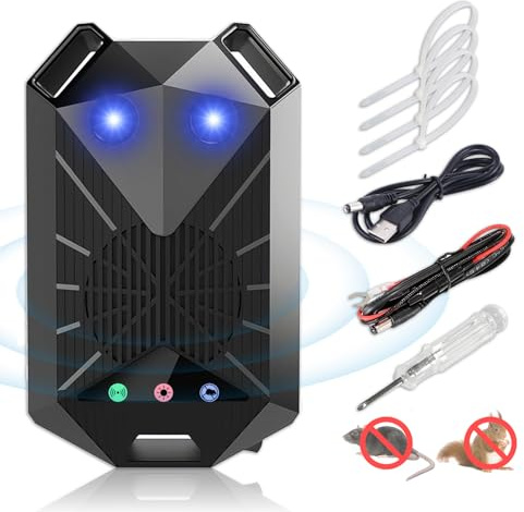 Wenosda Ahuyentador de martas para coche, con luz intermitente y ultrasónica, batería de coche, batería AA y USB para coche, compartimento del motor, jardín, ático y casa