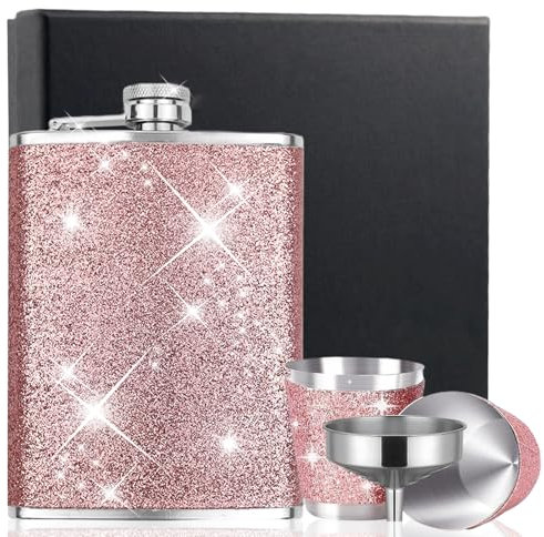 Stainless Steel Hip Flask and Funnel Small with 2 Pieces Shot Glass, Stainless Steel Pink Shot Cup, Portable Pink Hip Flask, Whiskey Bottle