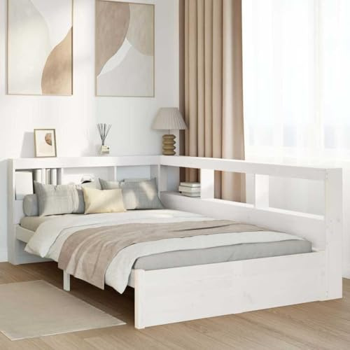vidaXL Bookcase Bed without Mattress - White 120x200 cm Solid Pine Wood Frame with Adjustable Headboard and Integrated Storage