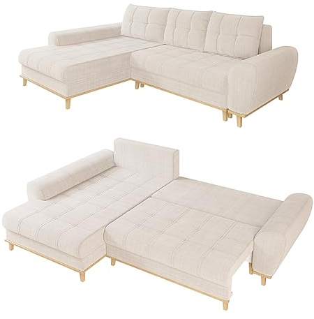 Modernes Ecksofa im Scandi-Stil B268/T175/H86 cm mit Schlaffunktion, Bettkasten, Ottomane links, Füße und umlaufender Blende aus Massivholz, mit weichem Bouclé Chenille Stoff in Beige / 21014