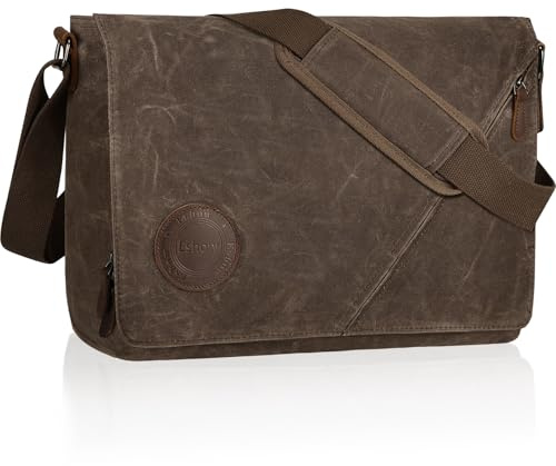 Eshow Umhängetasche Herren 14 Zoll Wasserabweisend, Laptoptasche Messenger Bag aus Echtleder und Canvas, Arbeitstasche Schultertasche Vintage für Arbeit Uni Freizeit Büro Braun