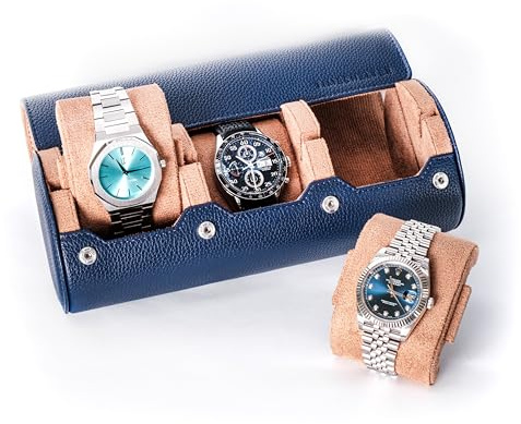 TIMESHELTER Porta Orologi da Viaggio per 3 Orologi – Custodia in Similpelle con Interno in Velluto, Scatola Portaorologi Uomo, Portagioie, Cofanetto Idea Regalo – Blu Navy
