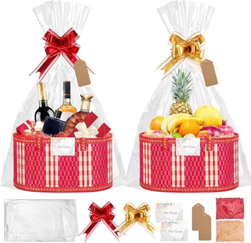 SelfTek Geschenkkorb Leer Groß für Weihnachten Geburtstag, 2 Set Rot | mit 30x20x15cm Präsentkorb Leer, Geschenkfolie, Füllmaterial, Schleifen, Grußkarte & Etikett, für Freunde Familie Geliebte