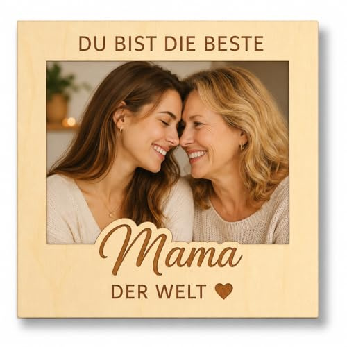 LeniSch Geschenk für Mama Bilderrahmen – Du bist die beste Mama der Welt – Magnetischer Holz Fotorahmen (9x9 cm Foto) - Geburtstagsgeschenk für Mutter mit Bild