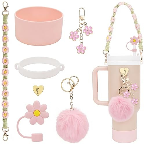 7PCS Stanley Cup Accessories Set for 30oz 40oz Tumbler,Including Silicone Stanley Cup Boot Straw Cover,Round Plush Charm, Water Bottle Handle Strap&Tumbler Charms Decorations,Tumbler Accessories(Pink)