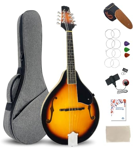 ModouString Instrumento musical de mandolina estilo A, mandolina acústica para profesionales y principiantes, 8 cuerdas, tilo con bolsa, pastilla y accesorios Sunburst