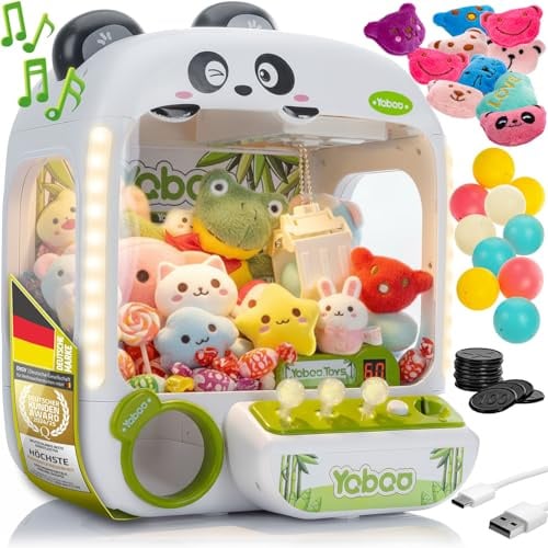 GOODS+GADGETS® Greifautomat Panda, 20 Spielzeuge & USB Candy Grabber | Stressfreier Spielspaß dank stummbarer Musik, Süßigkeitenautomat für Kinder mit Spielmünzen, Vintage-Licht, Claw Machine