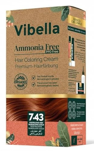 Vibella Haarfärbecreme Nr. 7.43 Tiefblond mit Mahagoni-Gold – Premium-Haarfärbung ohne Ammoniak, Tiefes Blond, Warme Mahagoni-Gold-Reflexe & zuverlässige Grauabdeckung, Mit Pflegeölen & Keratin