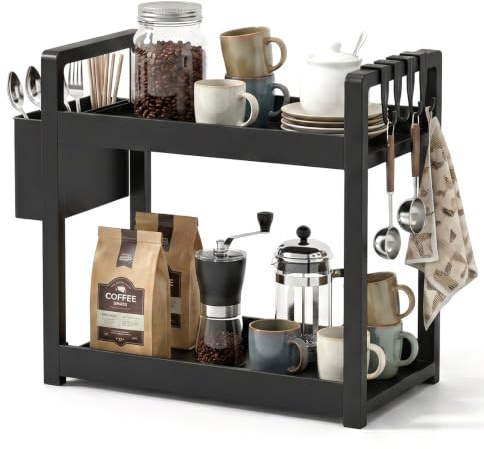2 Tier Spice Rack - Kitchen Storage & Organisation with Unique Side Basket and 4 Hooks, Coffee Station Organizer Bathroom Organiser Shelf for Kitchen Countertop, Coffee Station, Bathroom, Black