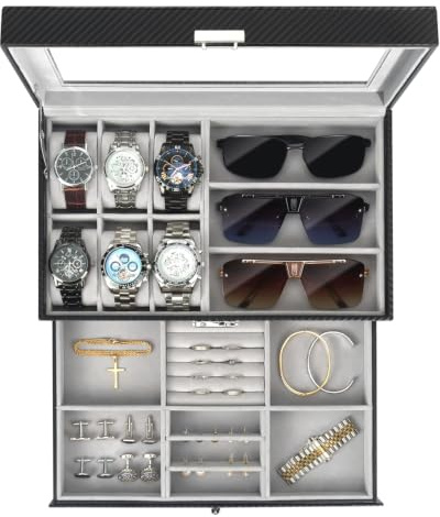 Uhren- und Sonnenbrillenbox mit Glasdeckel – Schmuckkasten für Herren, 6 Fächer, 2 Ebenen, Uhrenetui mit Schloss, Aufbewahrungsbox & Display – Geschenk für Männer und Frauen