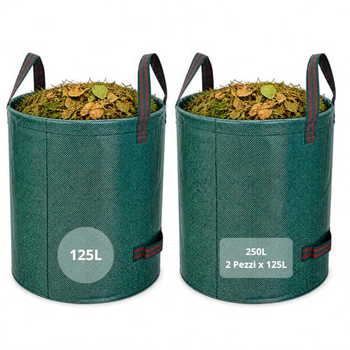 2 Sacchi per Rifiuti da Giardino Resistenti – 125L – Polipropilene 150 GSM con 4 Manici e Anello Rinforzato – Ø50 x H60 cm – Cuciture Anti-Strappo per Foglie, Erba e Potature