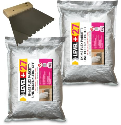 LEVEL+27 Colle pour parquet 14 kg + spatule dentaire B11, colle Flex Silan 1K-MS pour parquet, liège et sols en bois